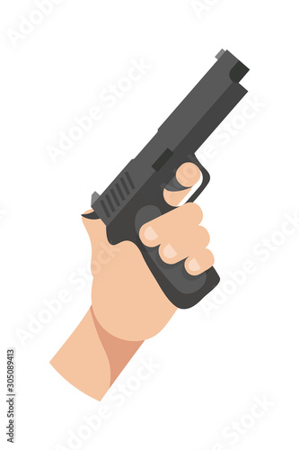 Human hand holding gun flat vector illustration