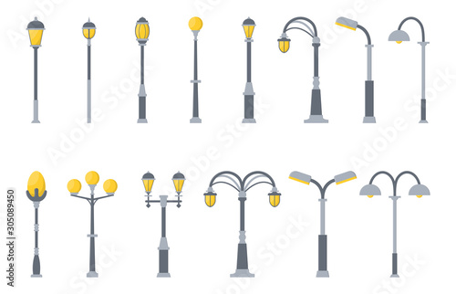 Set of street lights cartoon isolated on white background. Modern and vintage street light. Elements for landscape construction. Vector illustration for any design.