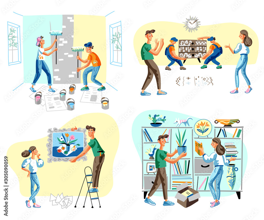 Fototapeta premium House repair flat vector illustrations set