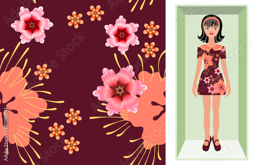 Vector seamless floral pattern with hand-drawn flowers for fabric, wrapping, scarf, hijab. Cartoon brunette doll in a cardboard box in a dress with a print pattern of flowers on a burgundy background