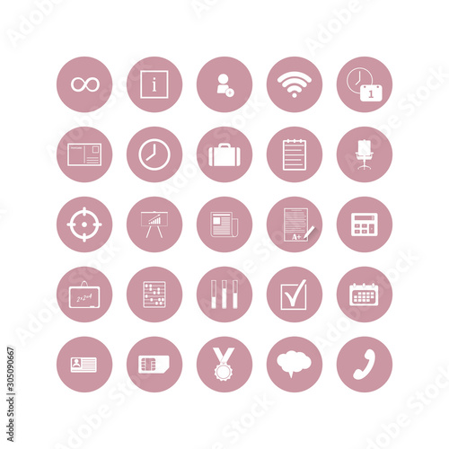Set of web icons. Social, business and study icons in a circle icon on white isolated background. Layers grouped for easy editing illustration. For your design.