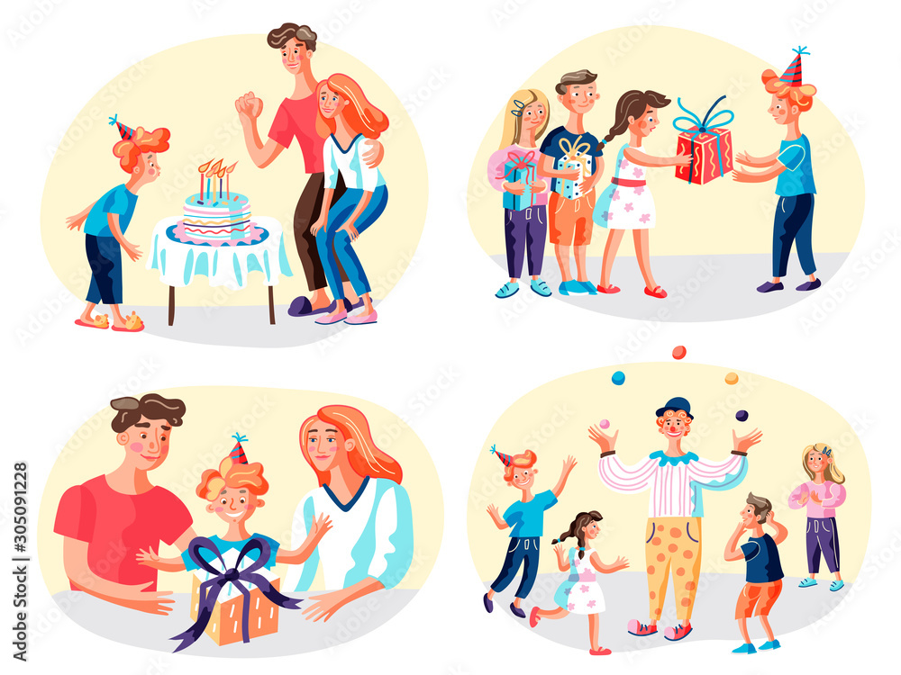 Birthday party flat vector illustrations set