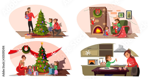 Family preparation for Christmas Eve cartoon set