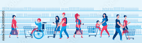 Set of people with carts shopping in the supermarket. 