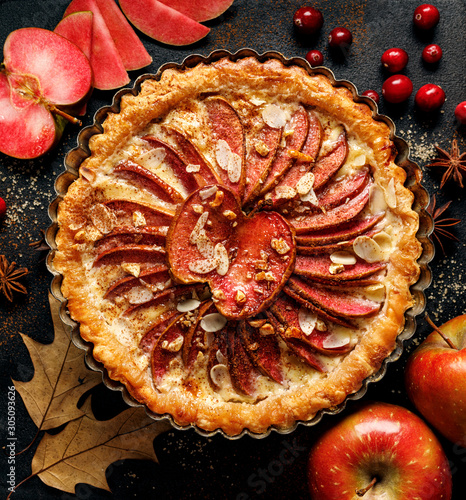 Apple tart, tart with the addition of red-flesh apples, cinnamon, almond flakes and honey on a black background, close-up, top view. A delicious homemade dessert photo