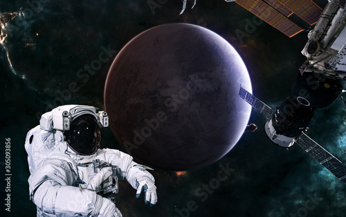 Fototapeta Naklejka Na Ścianę i Meble -  Planet of deep space. Space station, astronaut on background of exoplanet. Science fiction. Elements of this image furnished by NASA
