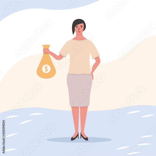 businesswoman stands with a full bag of money. Land transaction.  Financial growth concept. Investments. Money. Big business profit attraction and success.  Challenge and the goal. Flat vector.