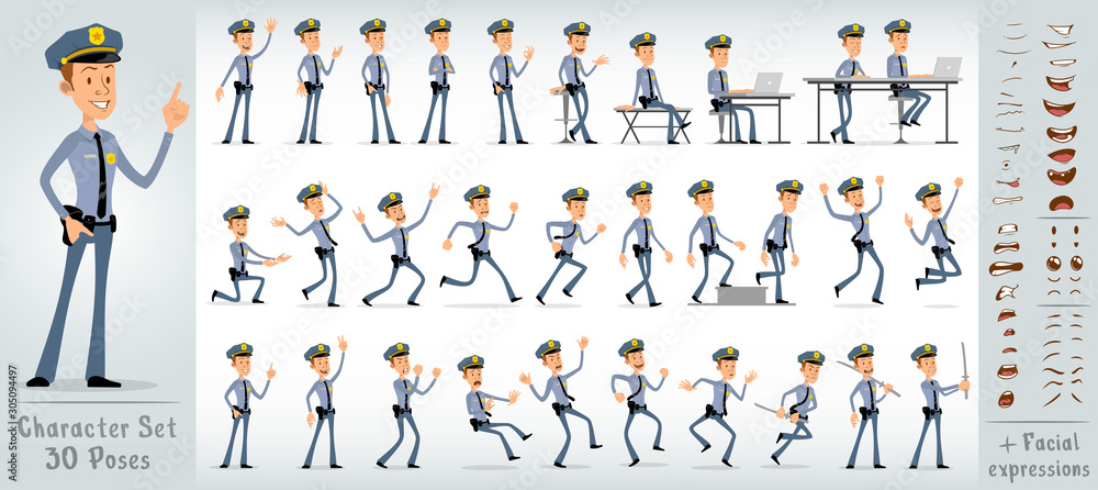 Cartoon flat cute funny police boy character in blue uniform and cap with golden star badge. 30 different poses and face expressions. Isolated on white background. Big vector icon set.