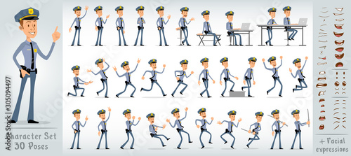 Cartoon flat cute funny police boy character in blue uniform and cap with golden star badge. 30 different poses and face expressions. Isolated on white background. Big vector icon set.