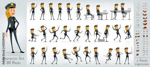 Cartoon flat cute funny sheriff girl character in black uniform and cap with golden star badge. 30 different poses and face expressions. Isolated on white background. Big vector icon set.