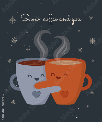 Vector postcard with hot drink in a cute mug and cozy slogan in flat design. Hot chocolate, coffee, cocoa