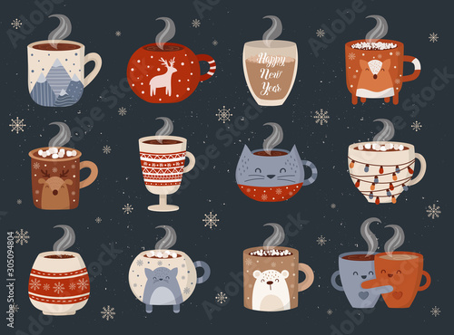 Vector collection of hot drinks in a cute mug in flat design. Hot chocolate, coffee, cocoa with marshmallow. Autumn and winter holidays set.