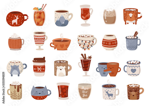 Vector collection of hot drinks in a cute mug in flat design. Hot chocolate, coffee, cocoa with marshmallow. Autumn and winter holidays set.