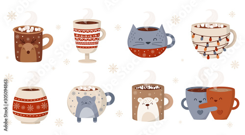Vector collection of hot drinks in a cute mug in flat design. Hot chocolate, coffee, cocoa with marshmallow. Autumn and winter holidays set.