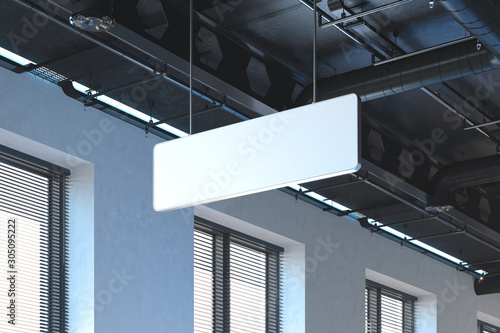 Blank white signboard mock up. Empty signage template in modern bright building interior. 3d rendering.