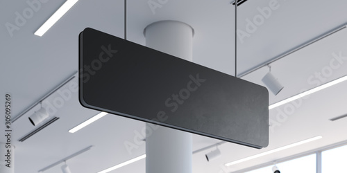 Blank black signboard mock up. Empty signage template in modern bright building interior. 3d rendering. photo