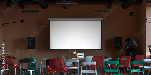 Projector screen canvas in modern cozy cafe. 3d rendering. Front view. Day time