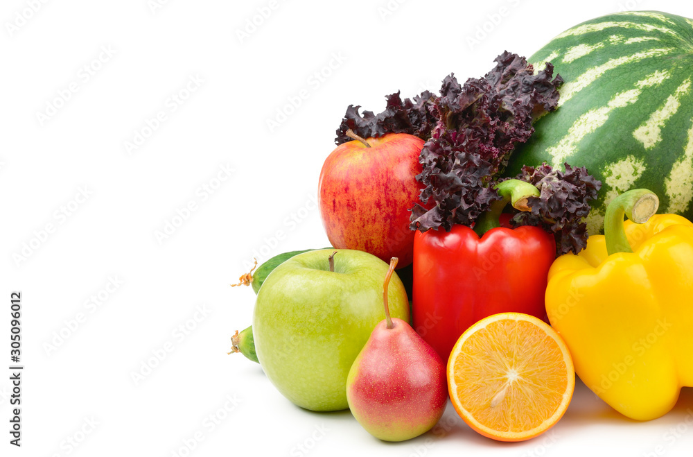Fruits and vegetables isolated on white background. Free space for text. Fruits and vegetables isolated on white background. Free space for text.