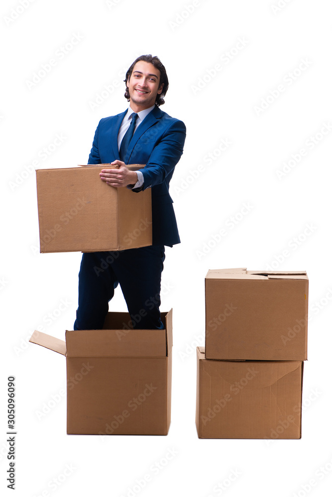Young male employee with boxes isolated on white Young male employee with boxes isolated on white