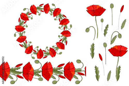 Round flower garland with poppy. Decorative floral frame for festive design. Floral elements. Seamless brush.