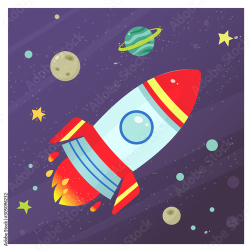 Color image of cartoon rocket in space. Vector illustration for kids.