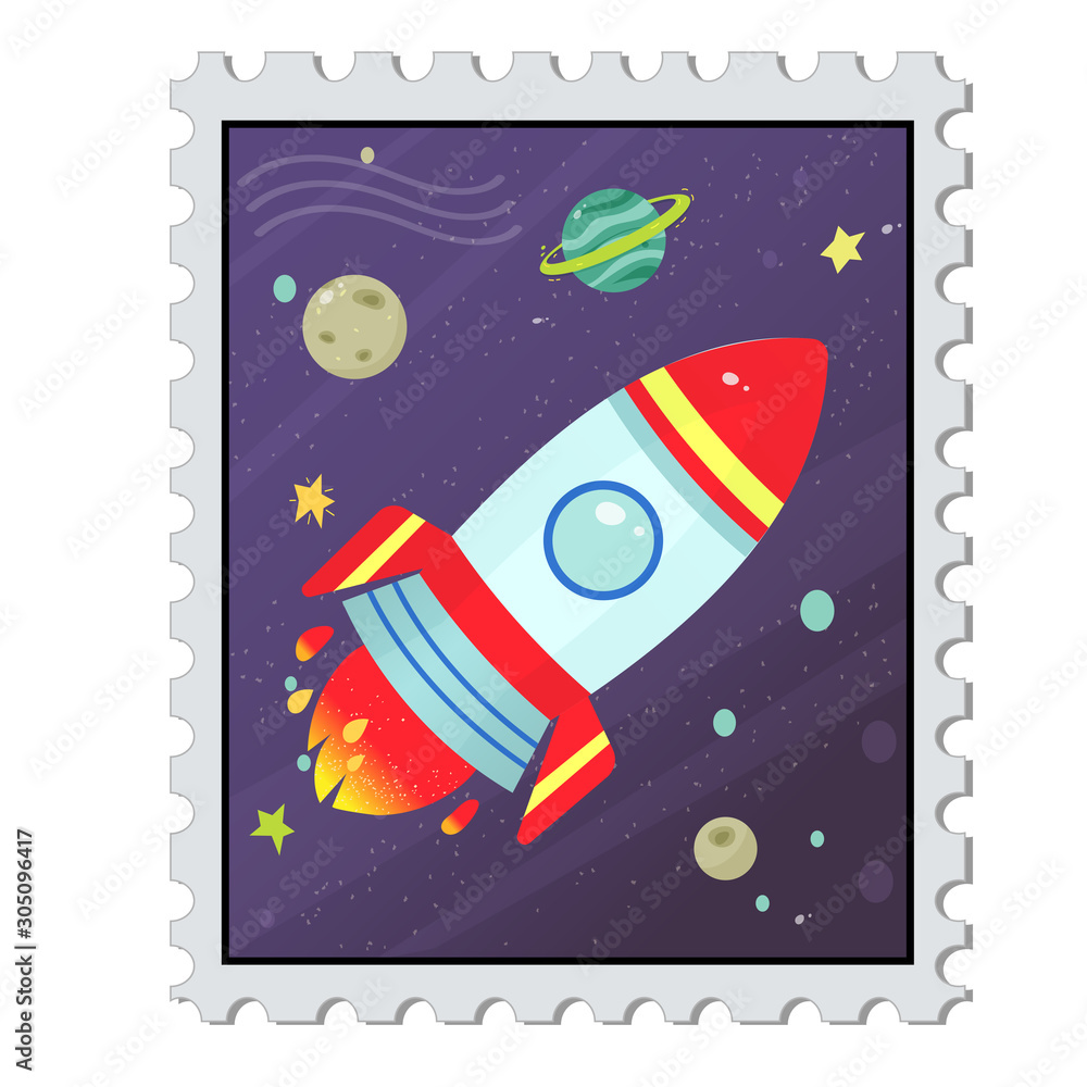 Cartoon mail stamp with image of cosmos on white background. Vector illustration for kids.