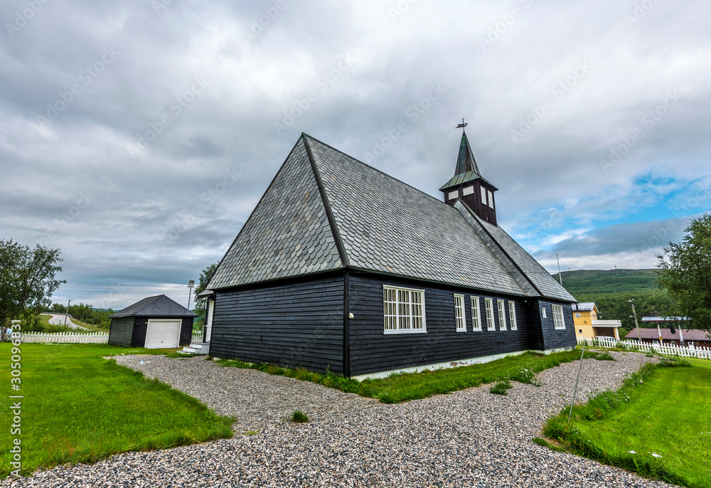 Black wooden church in Masi village in Norwegian Finnmark. Black wooden church in Masi village in Norwegian Finnmark.