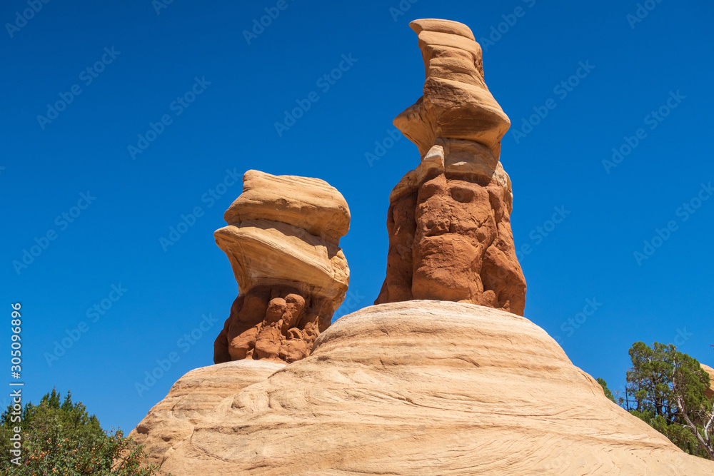 Landscape of large vertical rock formations in Devils Garden in Grand Staircase Escalante National Monument in Utah