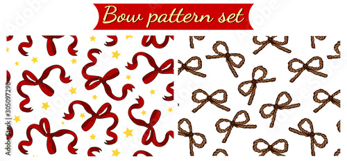 Vector illustration of sketch hand drawn set of bow pattern. Christmas, present wallpaper. Red ribbon and yellow star background. Jute rope. Engraving, line art vintage style