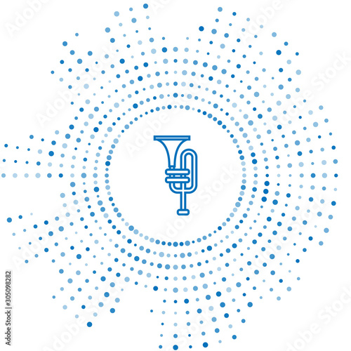 Blue line Musical instrument trumpet icon isolated on white background. Abstract circle random dots. Vector Illustration