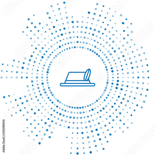 Blue line Oktoberfest hat icon isolated on white background. Hunter hat with feather. German hat. Abstract circle random dots. Vector Illustration