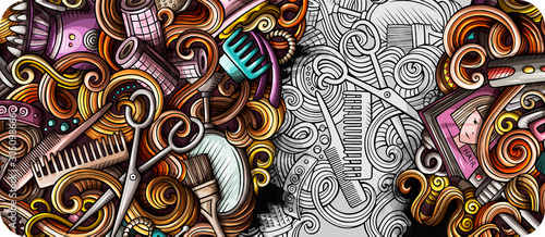 Hair salon hand drawn doodle banner. Cartoon detailed illustrations.