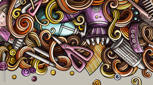 Hair salon hand drawn doodle banner. Cartoon detailed illustrations.