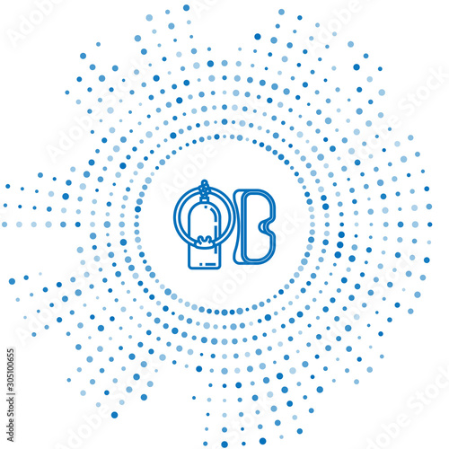 Blue line Diving mask and aqualung icon isolated on white background. Oxygen tank for diver. Extreme sport. Sport equipment. Abstract circle random dots. Vector Illustration