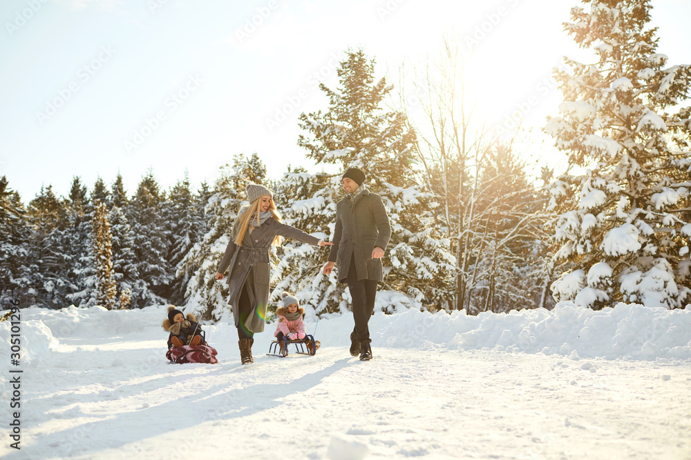 Happy family sledding in the park in winter. Happy family sledding in the park in winter.