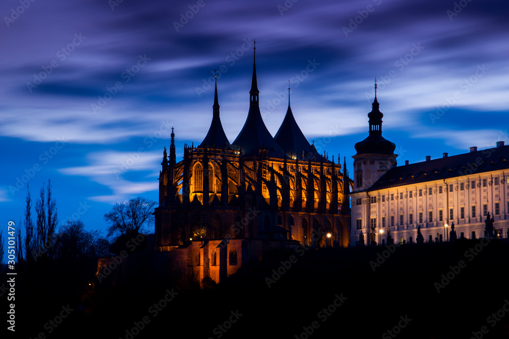 Saint Barbara's Church in Kutn Hora at night. Czech Republic.