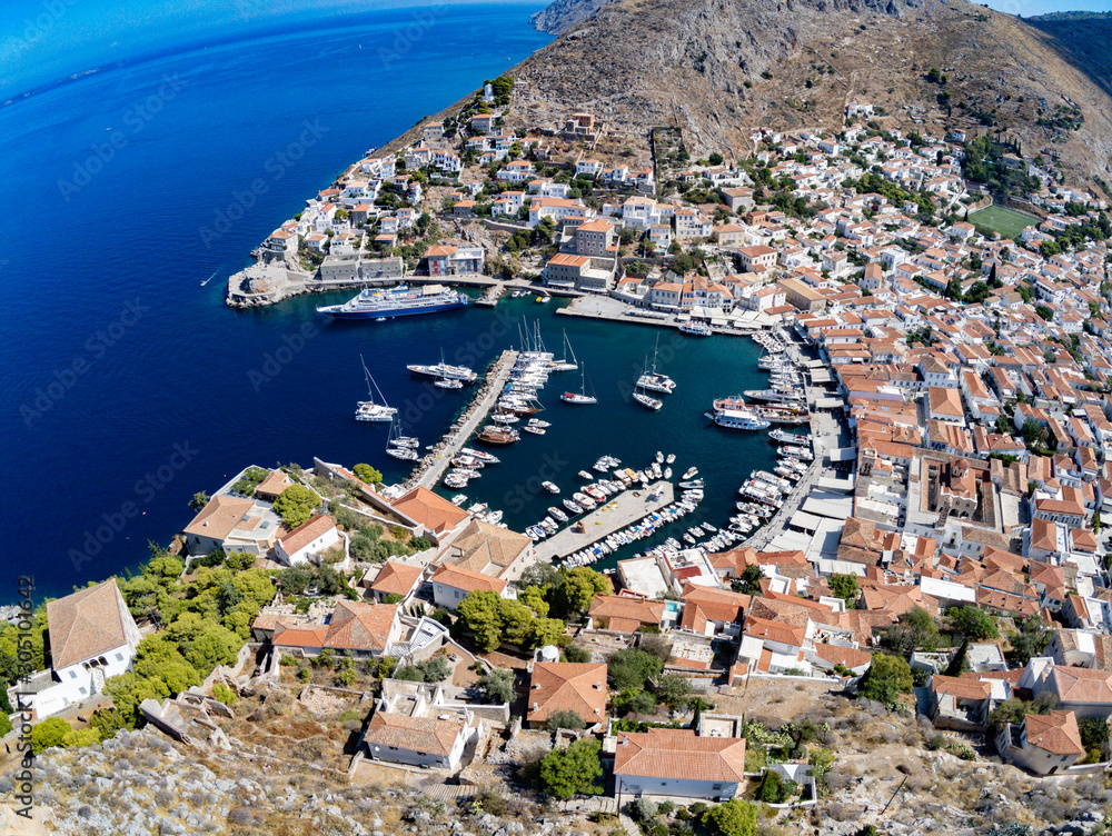 Aeria view of pier and village in Hydra Island