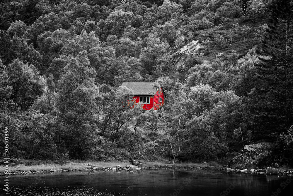 Summer view of a red house in a forest in the mountains near a lake,  Scandinavia Norway in black and white Stock Photo | Adobe Stock