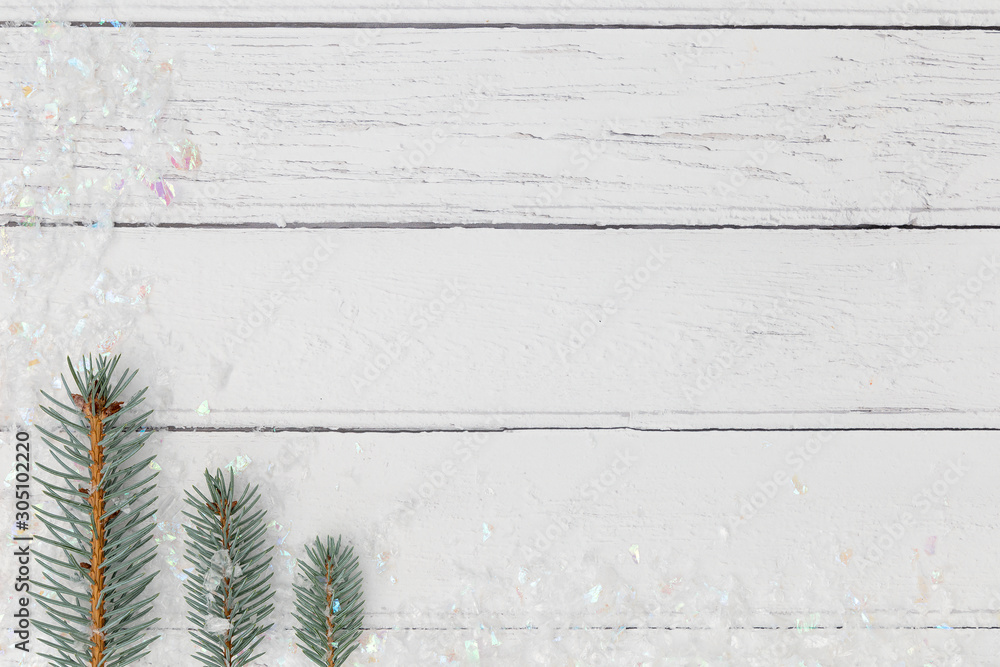 Fototapeta premium Christmas decorations on white wooden background space for text