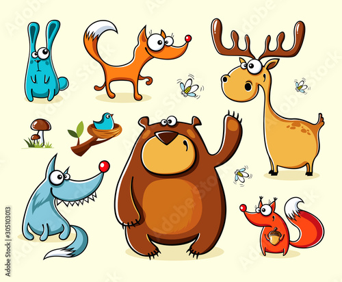 Set of isolated funny cartoon forest animals