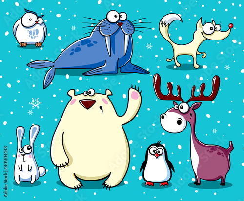 Set of isolated funny polar animals