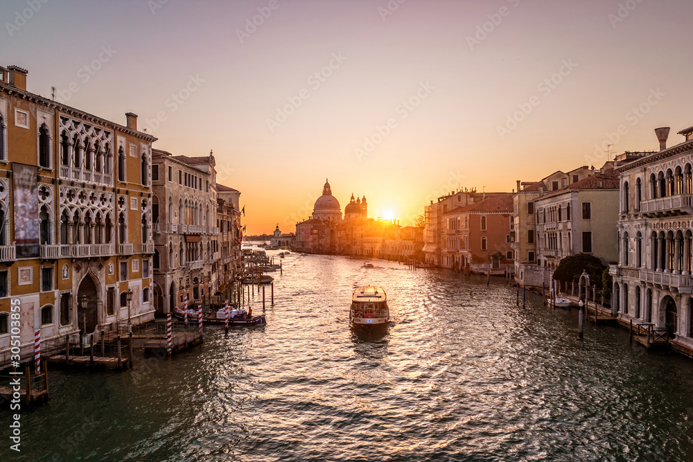 Sunrise in Venice. View from the Ponte dell Accademia to the Grand Canal