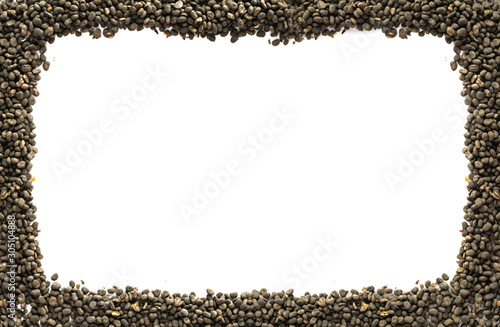 Mockup frame of babchi dry seeds isolated on white background. Bakuchiol (Psoralea Corylifolia) concept. Design template, flat lay, copy space.