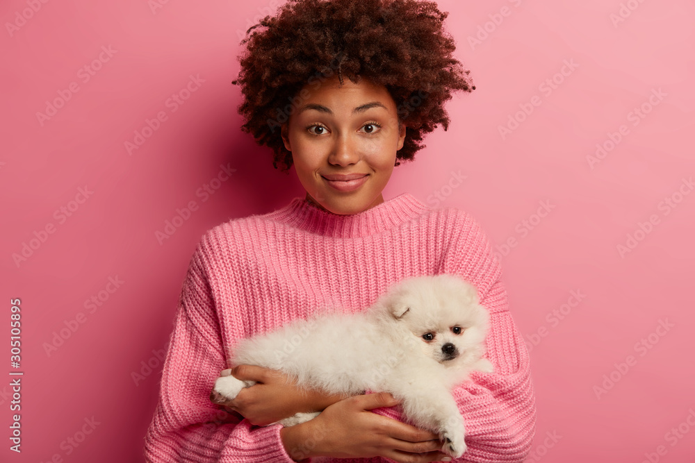 Positive delighted African American woman poses with her four legged friend, hears advice how to feed and care spitz breed dog, has new pet at home, wears oversized pink sweater. Best friends