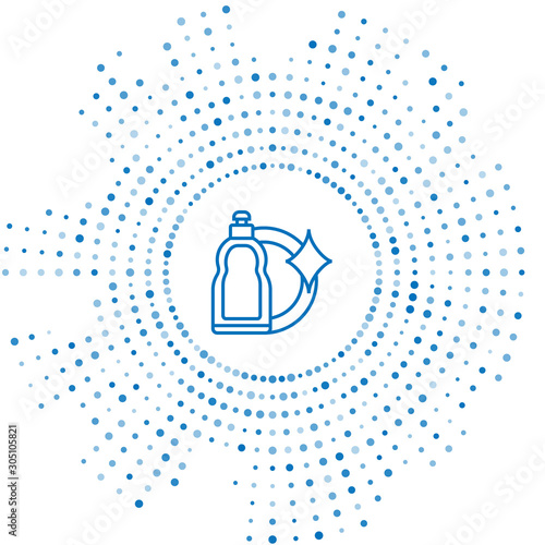 Blue line Plastic bottle for liquid laundry detergent, bleach, dishwashing liquid or another cleaning agent icon isolated on white background. Abstract circle random dots. Vector Illustration