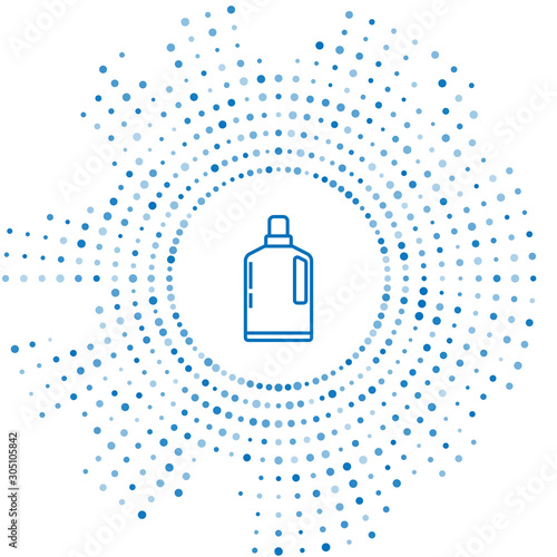 Blue line Plastic bottle for liquid laundry detergent, bleach, dishwashing liquid or another cleaning agent icon isolated on white background. Abstract circle random dots. Vector Illustration