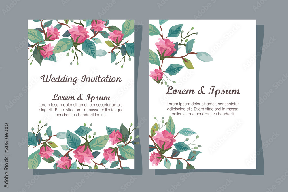 Obraz premium set wedding invitation cards with flowers decoration vector illustration design