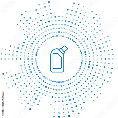 Blue line Plastic bottle for liquid laundry detergent, bleach, dishwashing liquid or another cleaning agent icon isolated on white background. Abstract circle random dots. Vector Illustration