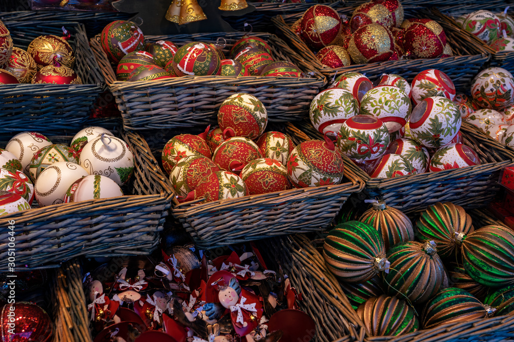 Fototapeta premium Christmas ornament decoration kiosk stand on a winter market