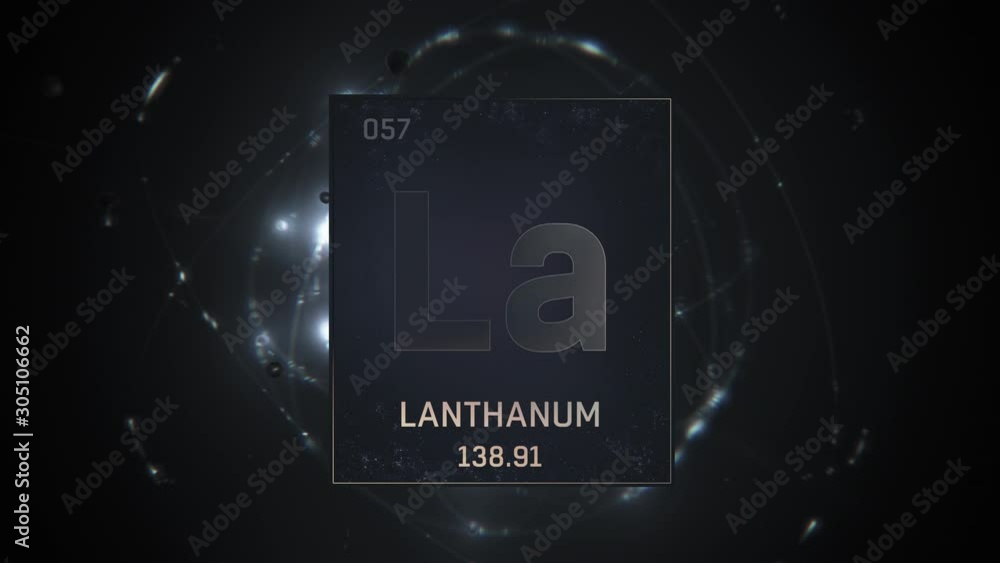 Lanthanum as Element 57 of the Periodic Table. Seamlessly looping 3D animation on silver illuminated atom design background with orbiting electrons. Design shows name, atomic weight and element number Lanthanum as Element 57 of the Periodic Table. Seamlessly looping 3D animation on silver illuminated atom design background with orbiting electrons. Design shows name, atomic weight and element number